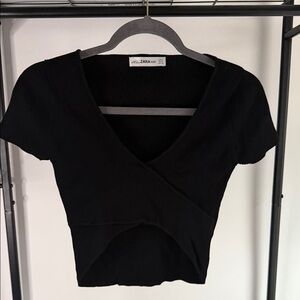 ZARA Black Ribbed Wrap-Front Crop Top